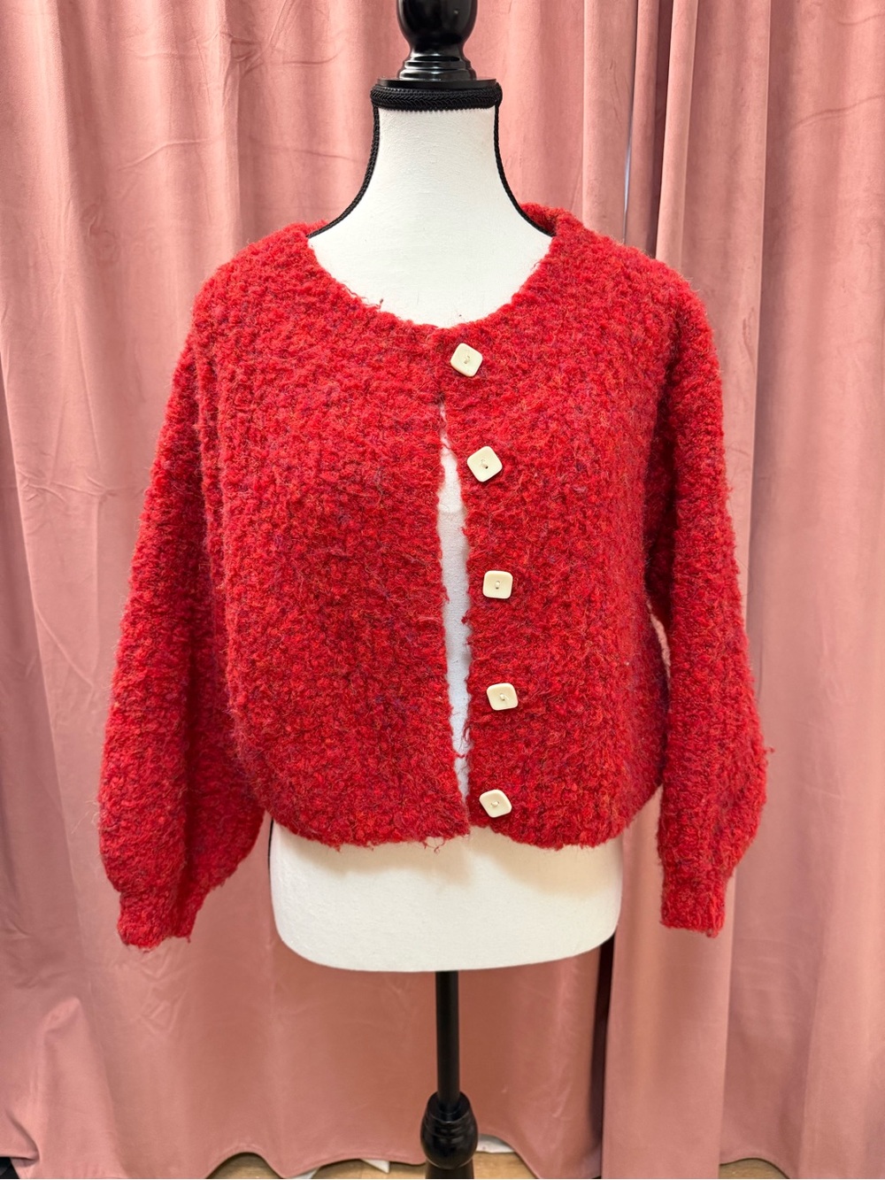 VRG GRL Elsie Cozy Textured Red Bouclé Button Cardigan